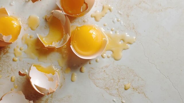 Cracked egg yolk raw egg shell cracked raw eggshell spill food contamination risk kitchen surface messy breakfast fragile cooking texture bright