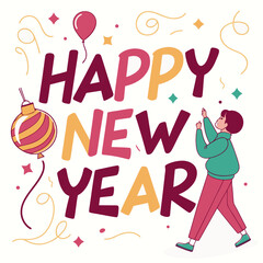 Happy New Year $3D$ Typography Confetti Balloons Christmas Ball Vector