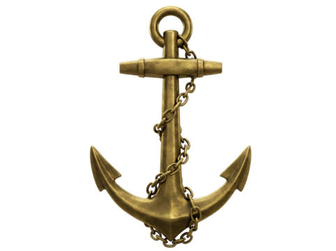 Golden anchor with chain isolated PNG, nautical symbol of hope and stability on transparent background for marine and maritime themes