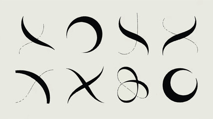Obraz premium Eight minimalist abstract curved line designs in two rows black and white illustration for graphic design and branding applications
