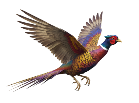 Colorful pheasant flying PNG isolated on transparent background, vibrant bird with detailed feathers for design projects