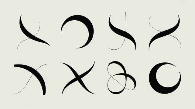 Eight minimalist abstract curved line designs in two rows black and white illustration for graphic design and branding applications