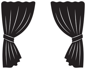 Elegant black stage curtains tied back, classic theater drapes, simple graphic design vector illustration