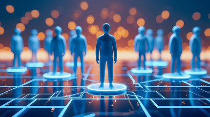 Digital human figures connected in a futuristic network with glowing lights