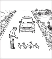 Cute police officer with uniform and car on road vector outline illustration coloring page for kids 