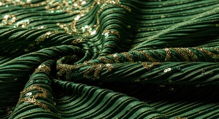 Luxurious dark green pleated fabric with gold sequin embroidery in spiral pattern. Elegant textile texture background ideal for fashion design, holiday wallpapers or luxury brand marketing.