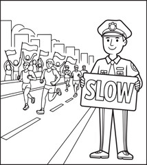 Cute police officer with uniform and doing job on road vector outline illustration coloring page for kids 
