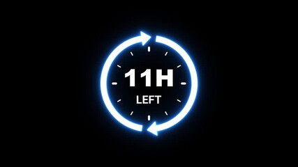 Neon Blue Clock Icon With 11 Hours Left Countdown On A Black Background timer time
