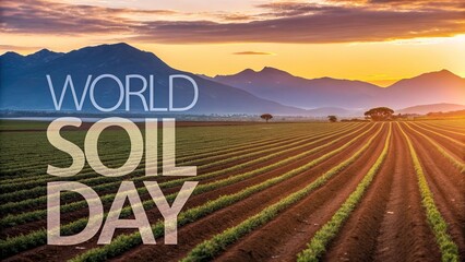 World Soil Day farm field at sunrise with mountains and green crops.