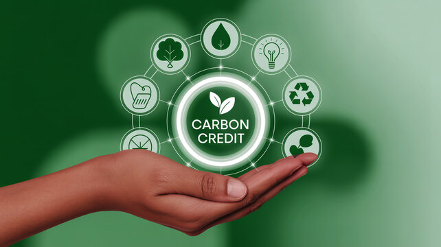 Person's Hand Showcasing Carbon Credit Concept with Environmental Icons sustainability ecology
