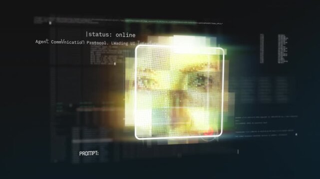 Fragmented human face rendered in glowing pixel blocks within a futuristic digital interface, surrounded by code and loading elements, creating a high‑tech AI surveillance atmosphere