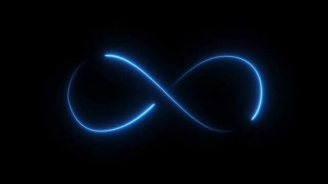 Glowing white neon infinity symbol animation on black background, seamless loop. Motion graphics of digital sign symbol concept.