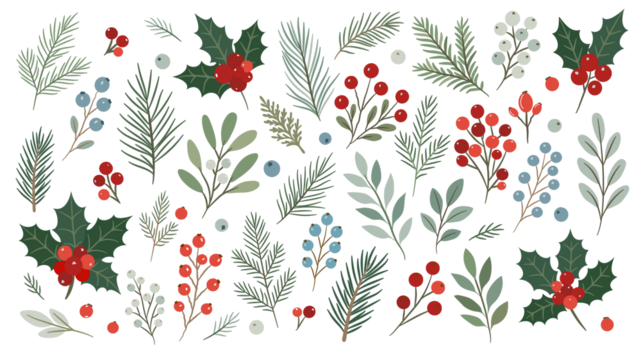Winter evergreen foliage and berry clipart set in transparent PNG format. Hand drawn holly, fir branches, mistletoe and winter leaves for festive decor, seasonal crafts and holiday design.