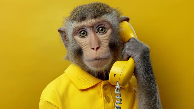 Monkey in yellow shirt engaging with a vintage telephone, showcasing a playful expression, as the camera captures the scene with a smooth zoom in, enhancing the whimsical atmosphere of the moment