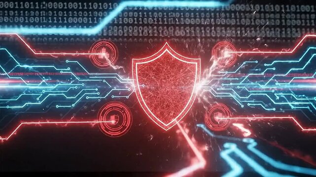 Cybersecurity shield protecting against digital threats with glowing circuit patterns, a modern solution for data security and online privacy concerns