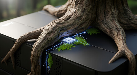 Ancient tree roots intertwine with modern technology, symbolizing nature's resilience and integration with digital systems.