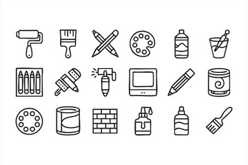 Drawing and Painting Tool Line Icons for Creative Studio and Craft Design