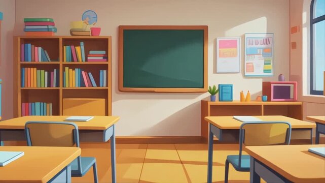 Cozy Cartoon Classroom Empty Desks and a Blackboard Await Students in a Bright Space