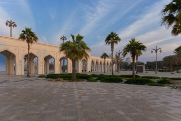 Fototapeta premium Eastern architecture, ancient-style buildings, domes and round roofs, arches and columns. On the streets of the Emirates, in public places.