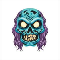 Creepy zombie monster skull head with purple hair illustration Vector