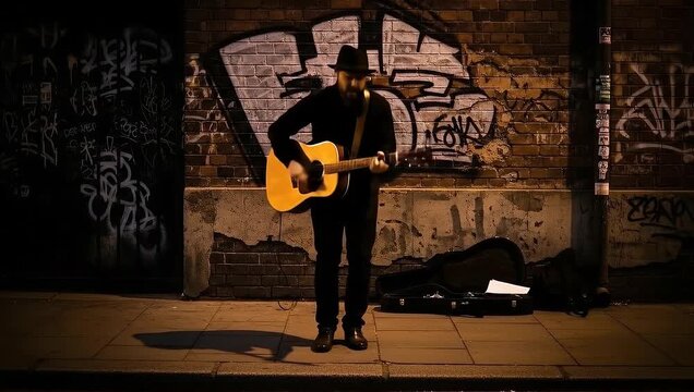 Urban busker playing acoustic guitar at night on city sidewalk.