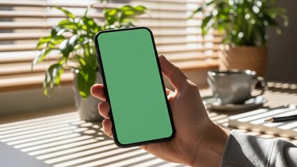 Hand holding smartphone with green screen in sunlit room with blinds shadow