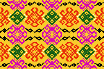 A vibrant seamless pixel art tribal textile pattern with yellow background, pink and green geometric motifs, and bold decorative shapes. Perfect for prints, fashion, crafts, and folk-inspired designs