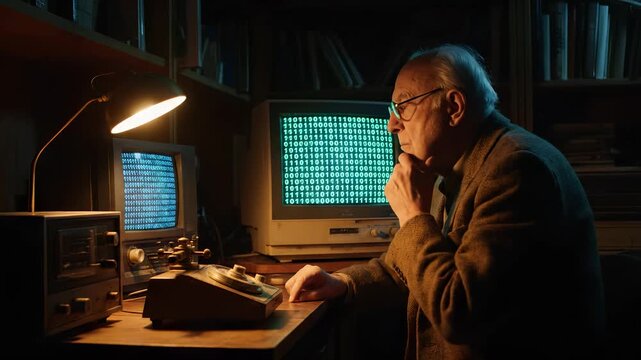 Typing on vintage computer at desk. Senior man works with retro monitor showing binary code. Warm lamp lights workspace. Focused man studies keyboard and tape drive. Old machine evokes computing.