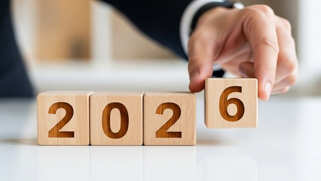 Businessman hand arranging wooden cubes with 2026 number on white table