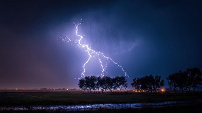 Epic summer thunderstorm with bright fork illuminating dark clouds