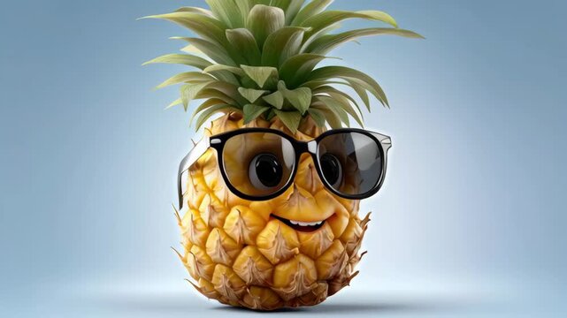 Playful animated pineapple character wearing stylish sunglasses, showcasing a cheerful expression, with a smooth transition from front view to side view, emphasizing personality and charm in a vibrant
