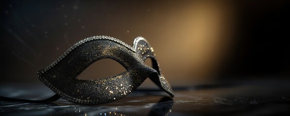 Glittering black masquerade mask rests upon the dark surface, sparkling under soft evening studio lighting featuring warm bokeh within the background, creating an elegant mysterious atmosphere