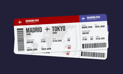 Airline ticket design. Airplane boarding pass with passenger name and destination. Travel, trip or business trip concept.