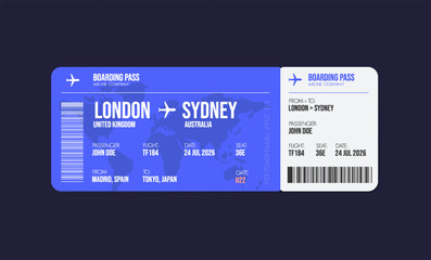 Airline ticket design. Airplane boarding pass with passenger name and destination. Travel, trip or business trip concept.