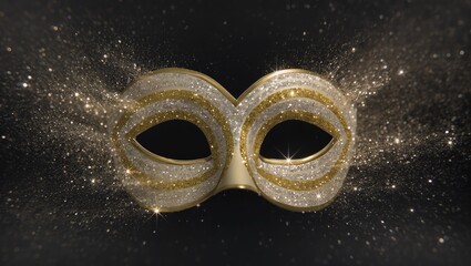 Glittering gold masquerade mask featuring shimmering dust swirling around it upon the dark studio background, illuminated by dramatic spot lighting for a festive, glamorous mood