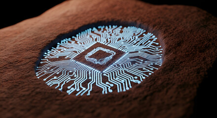 Intricate glowing blue circuit board embedded within rough textured brown earth, symbolizing technology and nature's connection.