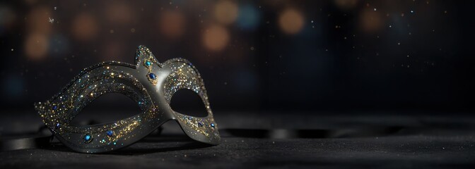 Glittering masquerade mask resting upon the dark surface at night, illuminated by soft bokeh lights and drifting sparkles, creating a festive, mysterious party atmosphere
