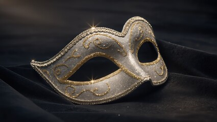Glittering silver masquerade mask resting upon dark velvet fabric, decorated featuring golden swirls and trim, softly illuminated within studio lighting for an elegant festive mood