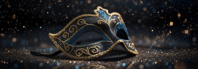 Glittering blue carnival mask resting upon reflective surface against dark festive background, illuminated by warm bokeh lights at night, creating an elegant, magical celebration mood