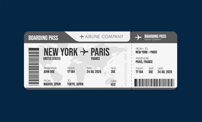 Airline ticket design. Airplane boarding pass with passenger name and destination. Travel, trip or business trip concept.