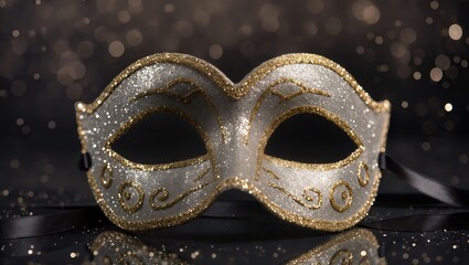 Fototapeta premium Glittering gold masquerade mask against dark background, resting upon reflective surface featuring soft bokeh lights, creating elegant festive atmosphere within dramatic studio lighting