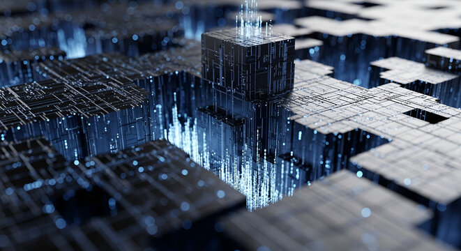 Abstract digital landscape with glowing blue light emanating from a central cube, representing data flow and technology. - Powered by Adobe