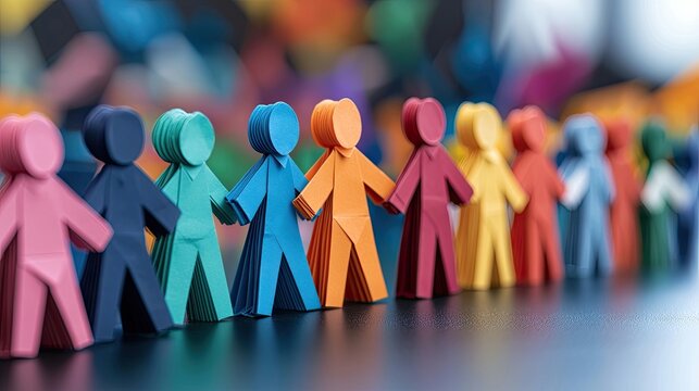 A close-up shot of a group of colorful paper figures holding hands, representing unity and teamwork.