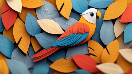 A vibrant, stylized illustration of a parrot resting amidst a bed of colorful leaves. The artwork features a playful, artistic composition.