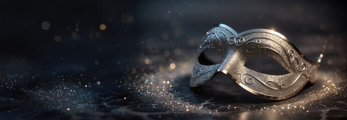 Elegant silver masquerade mask resting upon glittering dark surface, illuminated by soft evening light featuring bokeh sparkles within the background, creating the festive mysterious mood