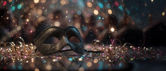 Glittering masquerade mask upon the festive night party table, surrounded by curling ribbons and colorful confetti, featuring warm bokeh lights and blurred guests within the background