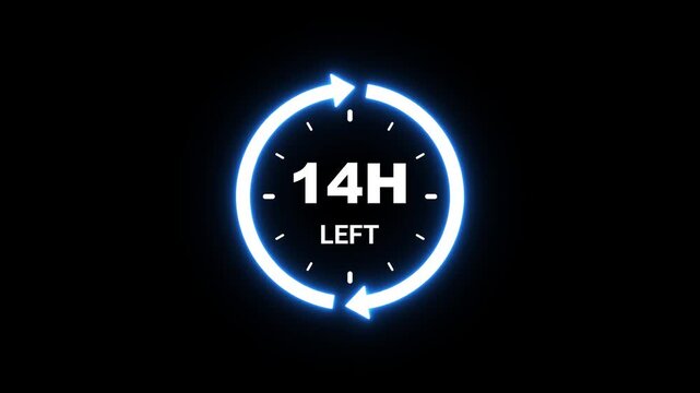 Countdown timer with 14 hours left and glowing blue circular arrows on black background clock