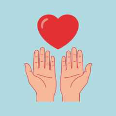 Obraz premium Two open hands reaching up towards a floating red heart on a light blue background, symbolizing love, care, and giving.