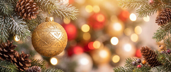 Golden Christmas Ornament on Snowy Fir Branch