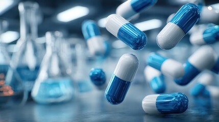 Falling capsule pills in a clinical laboratory scene